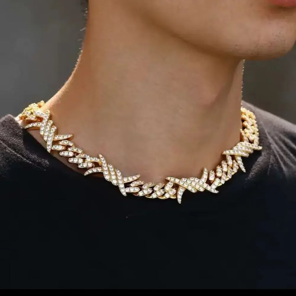 18K Gold Plated Cuban Link Thorn Flame Zircon Necklace